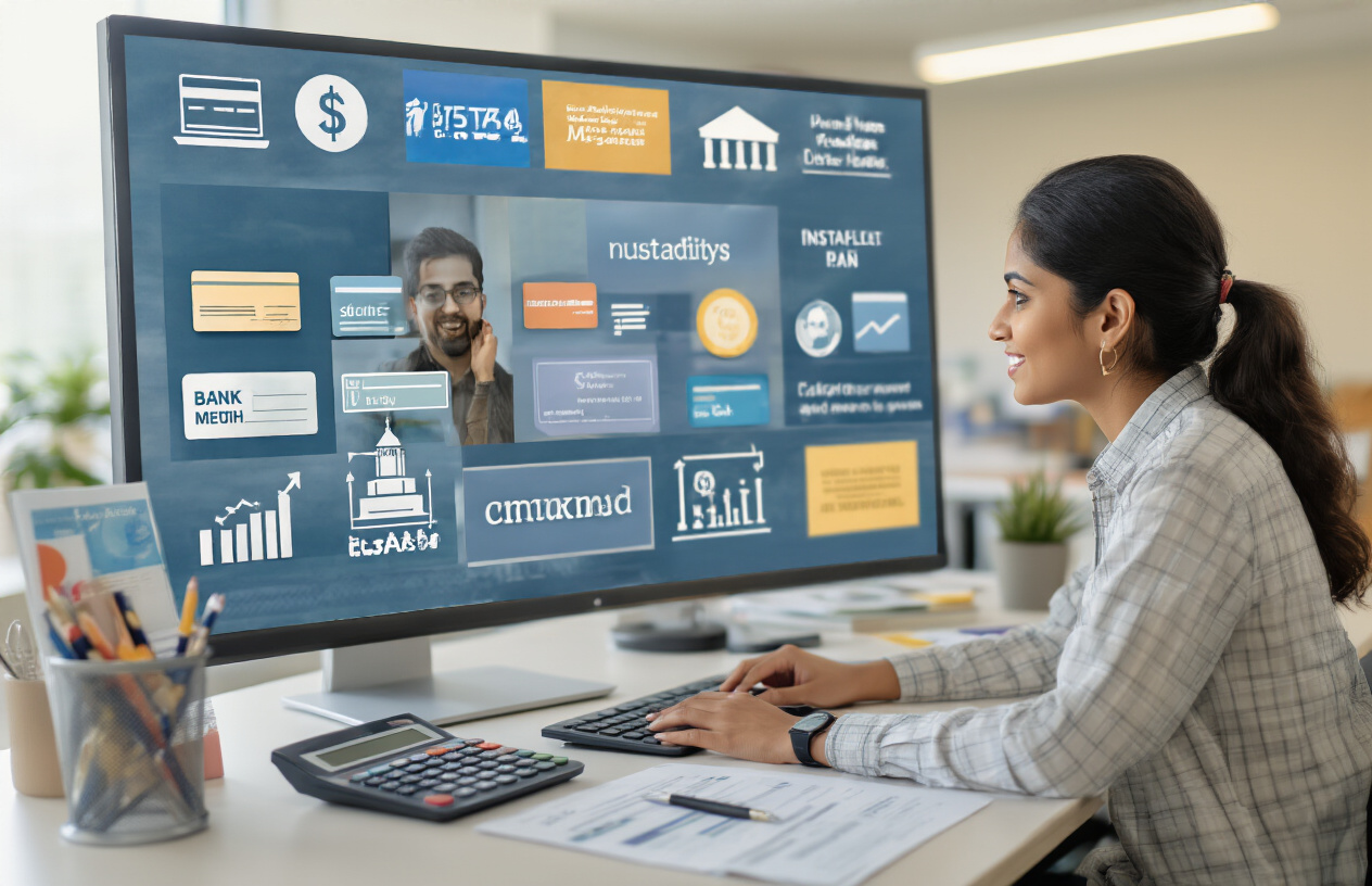 Create a realistic image of a modern university financial aid office with a South Asian male student sitting across from a female counselor at a desk, multiple payment method icons (credit cards, bank transfer symbols, installment plans) displayed on a computer screen, calculator and financial documents on the desk, bright professional lighting, clean contemporary office setting with university brochures in the background, warm and welcoming atmosphere suggesting financial support and guidance, absolutely NO text should be in the scene.