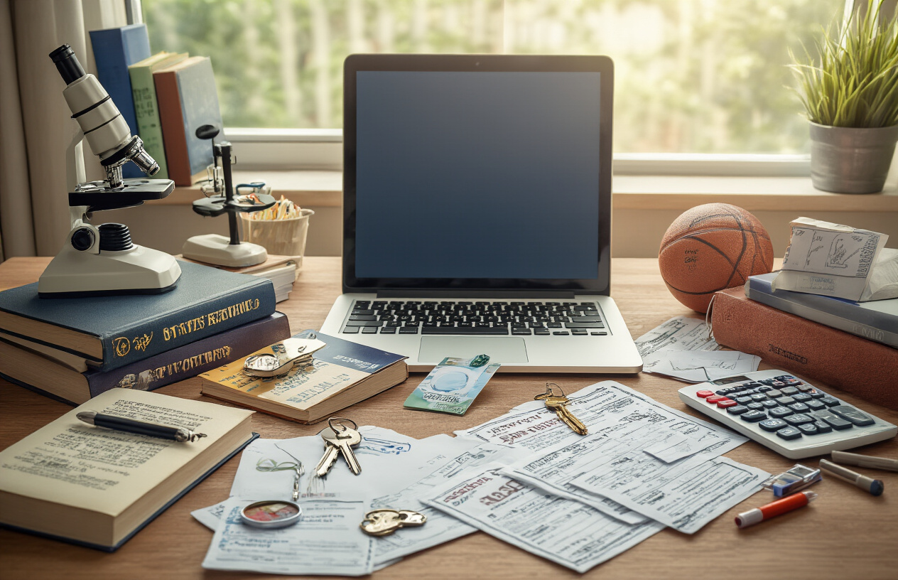 Create a realistic image of various university-related items and costs laid out on a wooden desk including textbooks, a laptop computer, dormitory keys, a meal plan card, laboratory equipment like a microscope, sports equipment, a calculator, notebooks, pens, and scattered receipts or bills, with soft natural lighting from a window, creating an organized yet busy academic atmosphere that represents additional educational expenses beyond basic tuition fees, absolutely NO text should be in the scene.