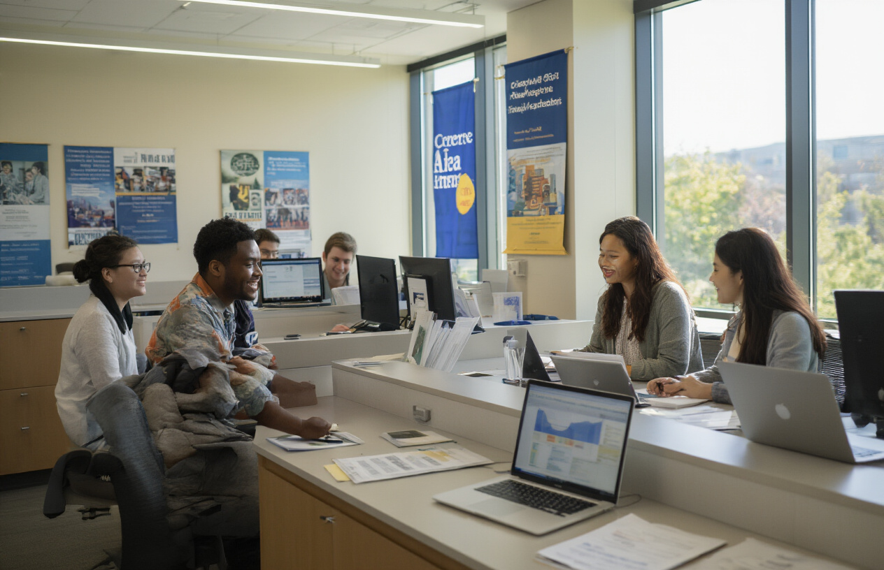Create a realistic image of diverse university students including white, black, and Asian male and female students sitting at a modern university financial aid office counter, with a professional female counselor of mixed ethnicity reviewing scholarship documents and laptops showing financial information, bright natural lighting from large windows, clean contemporary office setting with university banners and educational posters on walls, students appearing hopeful and engaged in discussion about financial assistance, warm and welcoming atmosphere, absolutely NO text should be in the scene.