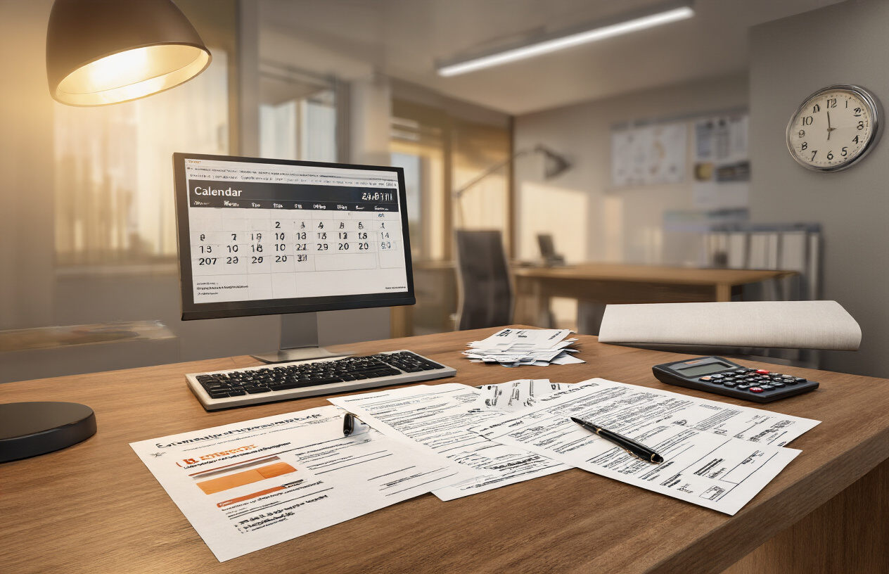 Create a realistic image of a modern university administrative office desk with a computer screen displaying a calendar with highlighted dates, scattered official documents and forms, a wall clock showing deadline time, payment receipt papers, and a calculator nearby, with warm office lighting and a professional academic atmosphere, absolutely NO text should be in the scene.