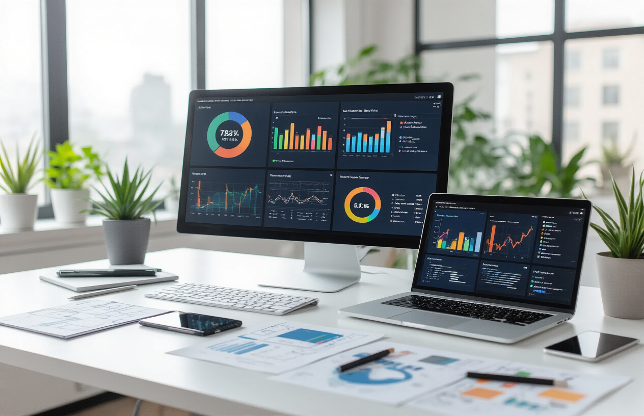 Create a realistic image of a modern office workspace with a large dashboard monitor displaying colorful analytics charts, graphs, and user engagement metrics, with a sleek laptop showing app interface wireframes on a clean white desk, surrounded by scattered UI design sketches, a smartphone displaying app screens, and design tools like stylus and notebooks, in a bright contemporary office setting with natural lighting from large windows, featuring a minimalist aesthetic with plants in the background. Absolutely NO text should be in the scene.
