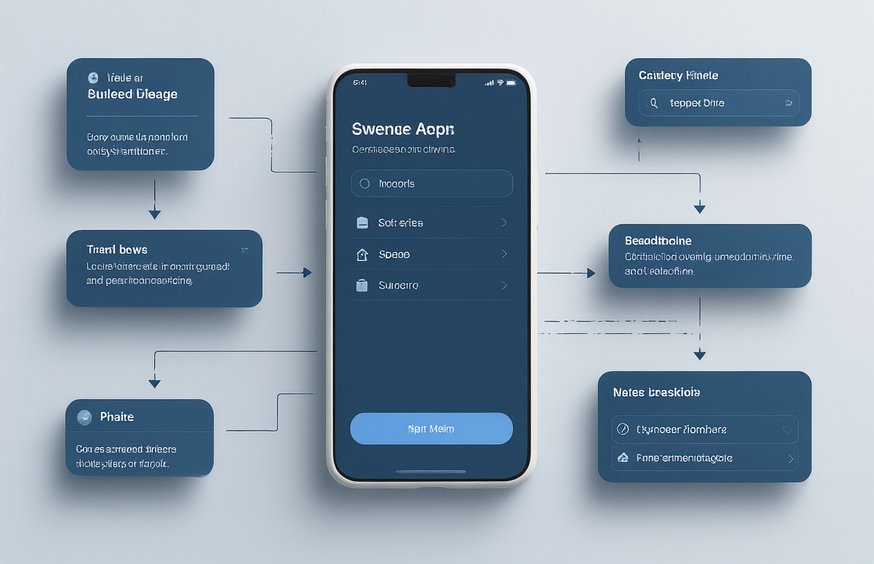 Create a realistic image of a clean, modern smartphone screen displaying a mobile app interface with clear navigation elements including a bottom tab bar with icons, hamburger menu, and breadcrumb navigation, surrounded by floating UI wireframe elements and navigation flow arrows connecting different screen mockups, set against a soft gradient background in professional blue and white tones with subtle shadows, photographed in bright, even lighting that emphasizes the sleek design elements and user interface components, absolutely NO text should be in the scene.