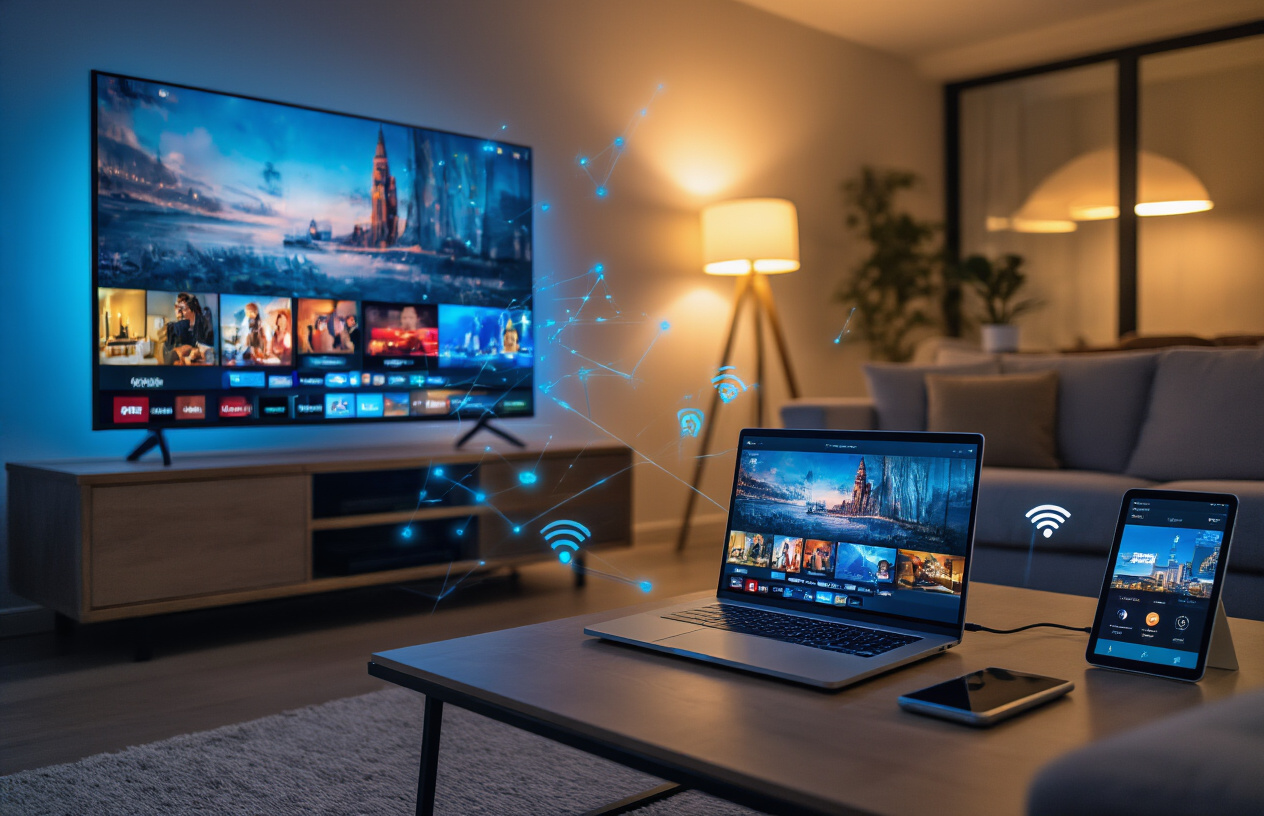 Create a realistic image of a modern living room scene showing multiple entertainment devices and screens displaying various TV channels and streaming content, with a sleek smart TV as the centerpiece, a laptop computer open on a coffee table showing channel listings, a tablet device, and a smartphone, all connected wirelessly with subtle blue connectivity lines or wifi symbols floating between them, premium quality cables and a modern streaming device box visible, warm ambient lighting creating a cozy atmosphere, with a comfortable sofa in the background, representing the value and quality of premium IPTV services, Absolutely NO text should be in the scene.