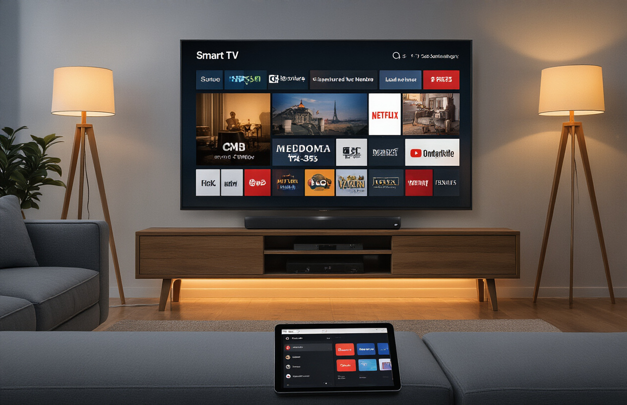 Create a realistic image of a modern living room setup with a large 4K smart TV displaying a grid of premium channel logos and streaming content thumbnails, a sleek black media streaming device connected below the TV, comfortable gray sofa facing the screen, warm ambient lighting from floor lamps, wooden entertainment center, and a tablet on the coffee table showing an IPTV app interface with channel categories, all in a contemporary home environment with soft evening lighting. Absolutely NO text should be in the scene.