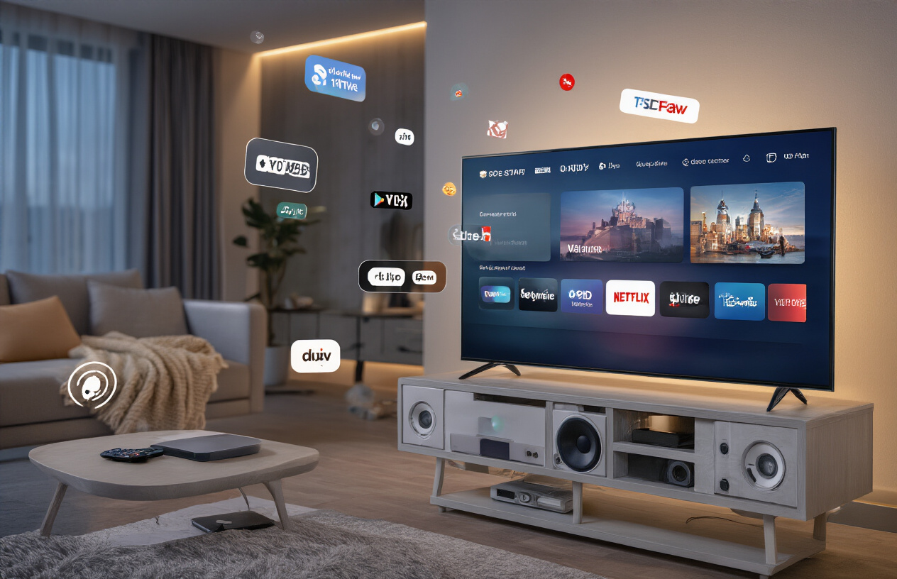 Create a realistic image of a modern smart TV displaying multiple streaming interface icons and feature badges floating around it, with a sleek entertainment center setup including a streaming device, remote control, and high-quality speakers, set against a contemporary living room background with soft ambient lighting, showing premium streaming quality indicators, multi-device connectivity symbols, and user interface elements that represent advanced IPTV features, absolutely NO text should be in the scene.
