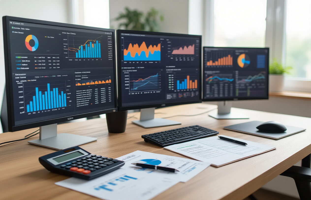 Create a realistic image of a modern office desk setup with multiple computer monitors displaying colorful charts, graphs, and pricing comparison tables, with a calculator, notepad with handwritten notes, and scattered financial documents on a clean wooden desk surface, soft natural lighting from a nearby window creating a professional analytical workspace atmosphere, absolutely NO text should be in the scene.