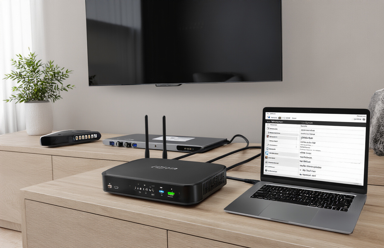 Create a realistic image of a modern home entertainment setup showing IPTV technical requirements with a smart TV displaying connection settings, a high-speed router with blinking LED lights, ethernet cables, a streaming device or set-top box, and a laptop computer showing network configuration screens, all arranged on a clean wooden media console in a contemporary living room with soft ambient lighting, shot from a slightly elevated angle to show the complete technical setup process. Absolutely NO text should be in the scene.