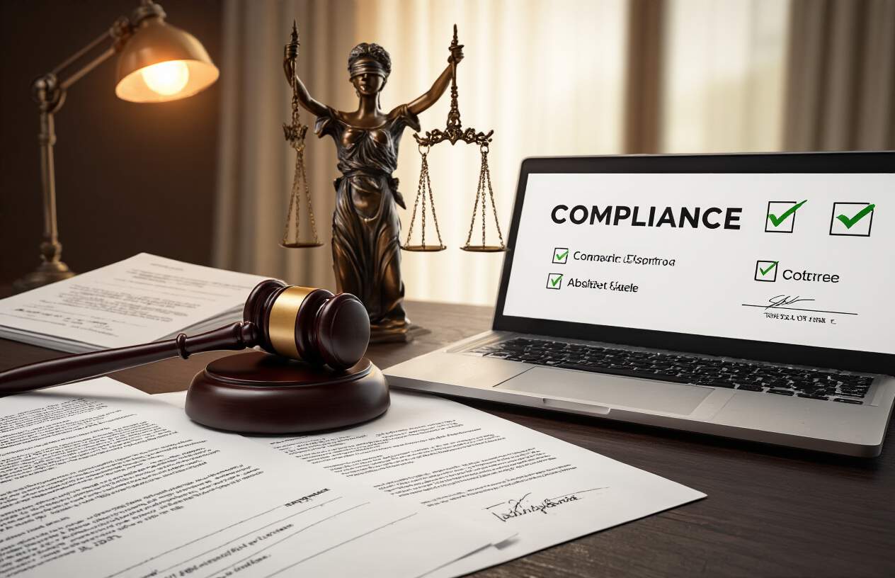 Create a realistic image of a professional office setting with legal documents, contracts, and compliance certificates spread across a dark wooden desk, a gavel positioned prominently in the foreground, a laptop displaying official licensing symbols and checkmarks, scales of justice statue in the background, warm ambient lighting from a desk lamp, creating a serious and authoritative atmosphere that represents legal compliance and service legitimacy, absolutely NO text should be in the scene.