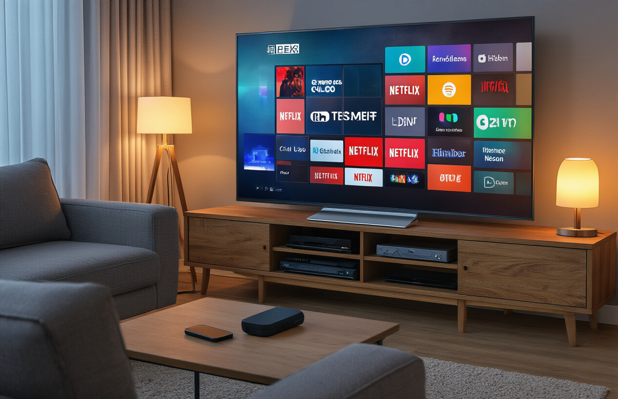 Create a realistic image of a modern living room with a large smart TV displaying a grid of colorful streaming channel logos and icons, a sleek streaming device or set-top box placed on a wooden entertainment center below the TV, a comfortable gray sofa facing the television, warm ambient lighting from table lamps creating a cozy evening atmosphere, and a coffee table with a smartphone and remote control placed on it, conveying a sense of entertainment choice and modern streaming technology. Absolutely NO text should be in the scene.