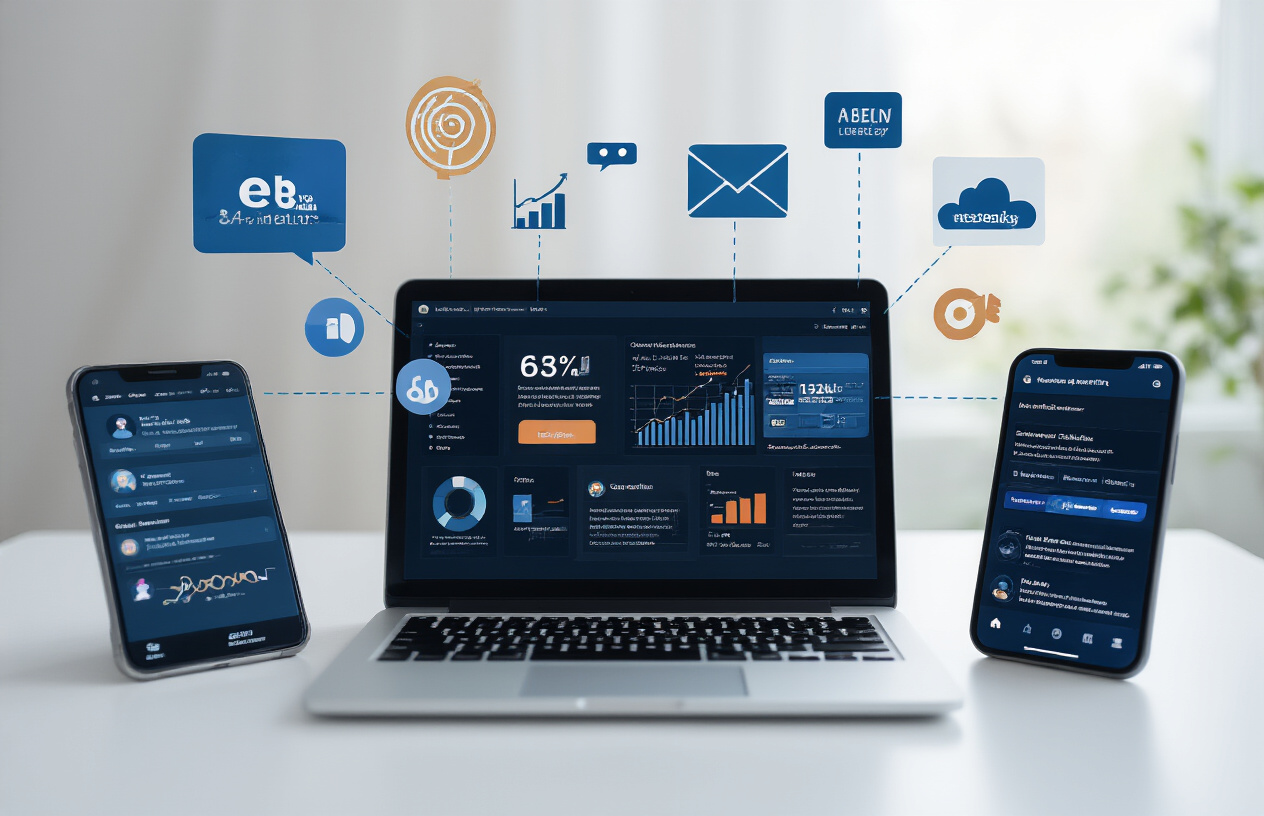 Create a realistic image of a modern digital workspace showing multiple interconnected marketing channels including a laptop displaying social media analytics, a smartphone with marketing apps, email marketing interface on a tablet, and floating digital icons representing SEO, content marketing, and online advertising around the devices, set against a clean white background with soft natural lighting, absolutely NO text should be in the scene.