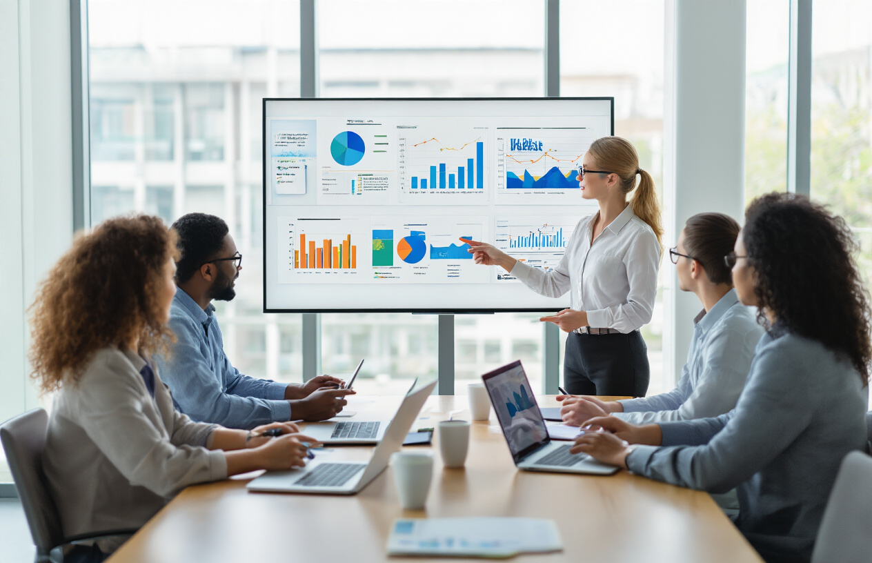 Create a realistic image of a diverse group of professionals sitting around a modern conference table with laptops, tablets, and digital devices, including a white female instructor pointing to a large wall-mounted screen displaying colorful charts and graphs representing digital marketing analytics, with other participants of various races taking notes, the scene set in a bright contemporary classroom with large windows providing natural lighting, conveying an atmosphere of focused learning and professional development, absolutely NO text should be in the scene.