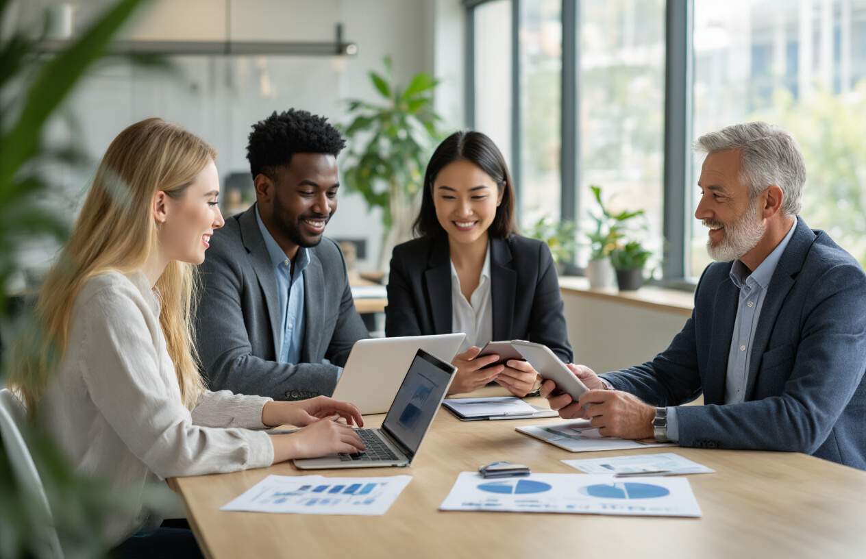 Create a realistic image of a diverse group of people including a white female college student with laptop, a black male small business owner holding smartphone, an Asian female marketing professional with tablet, and a middle-aged white male entrepreneur sitting around a modern conference table in a bright office space with natural lighting from large windows, showing engaged expressions as they look at digital devices and marketing materials, with a clean contemporary background featuring plants and minimal decor, conveying a professional learning environment atmosphere, absolutely NO text should be in the scene.
