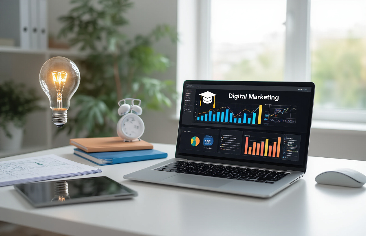 Create a realistic image of a modern laptop computer displaying a digital marketing dashboard with colorful charts and analytics, surrounded by unique educational elements like a lightbulb icon, graduation cap, and distinctive course materials including notebooks and a tablet, set on a clean white desk in a bright, professional learning environment with soft natural lighting from a window, conveying innovation and educational excellence, absolutely NO text should be in the scene.