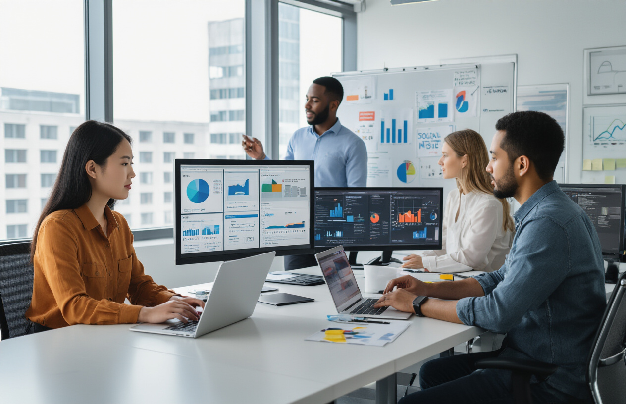 Create a realistic image of a diverse group of professionals in modern office settings representing various digital marketing career paths, including a young Asian female working on laptop with analytics dashboards, a black male presenting marketing strategies on a whiteboard, a white female managing social media campaigns on multiple screens, and a Hispanic male analyzing data charts, with modern office backgrounds featuring contemporary workspaces, natural lighting from large windows, professional atmosphere with subtle tech elements like computers and marketing charts visible, absolutely NO text should be in the scene.