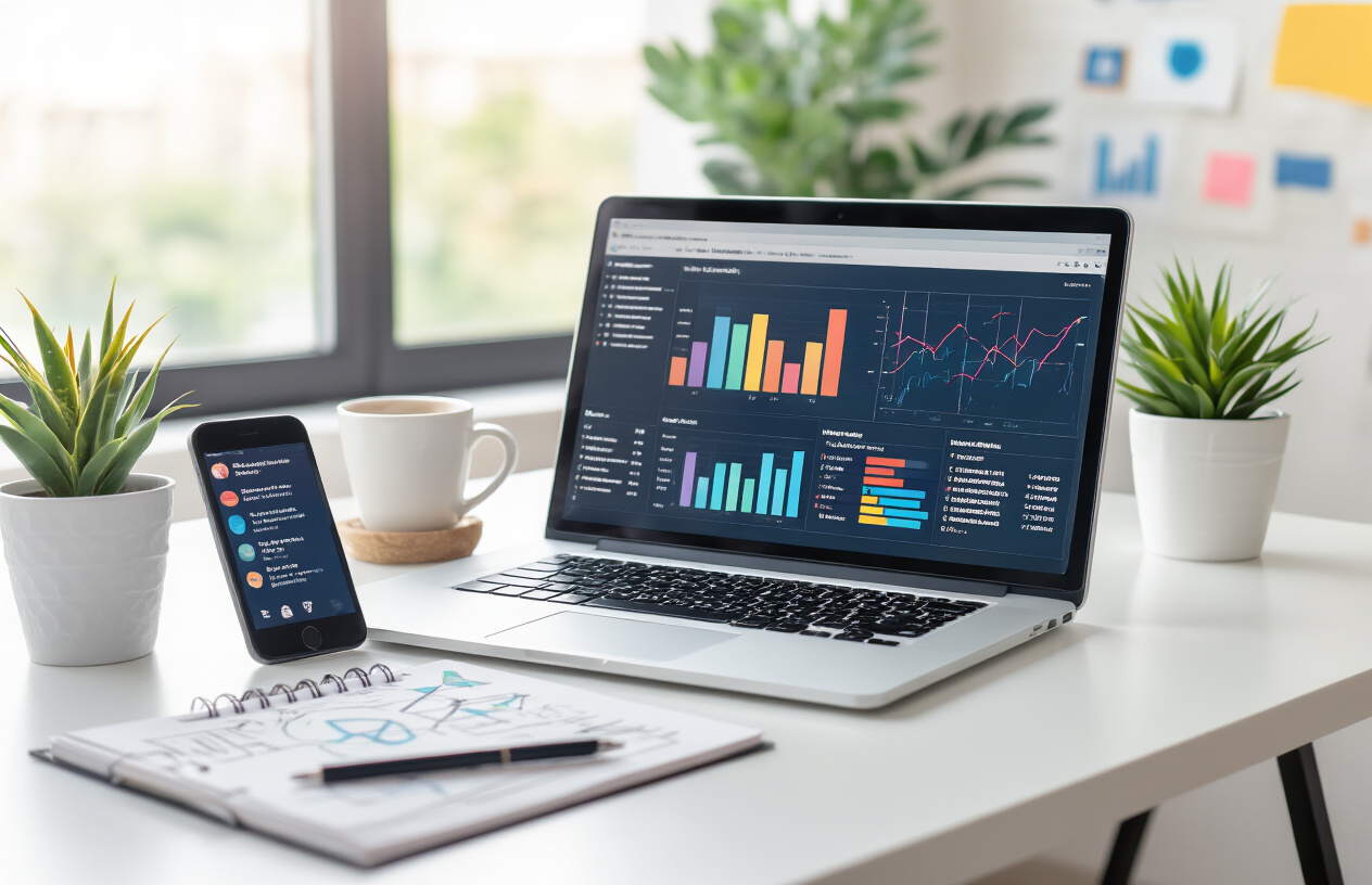 Create a realistic image of a modern workspace with a laptop displaying colorful digital marketing analytics dashboards and charts, surrounded by marketing-related items like a smartphone showing social media notifications, a notebook with sketched campaign ideas, a coffee cup, and a small potted plant, all arranged on a clean white desk with soft natural lighting coming from a window, creating a professional yet approachable atmosphere that represents the completion of learning digital marketing concepts, absolutely NO text should be in the scene.