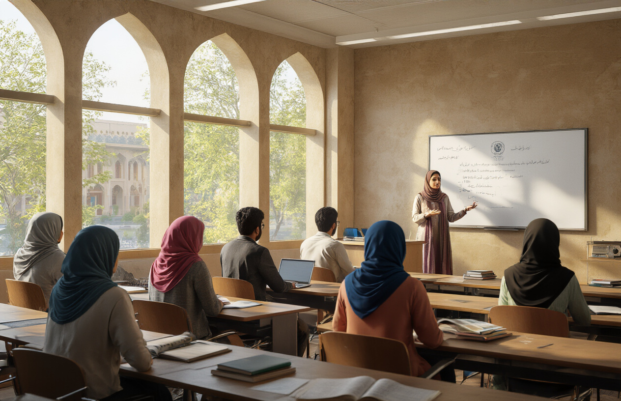 Create a realistic image of a modern university classroom with diverse South Asian students sitting at desks, including both male and female students of Pakistani ethnicity, with a professor at the front presenting academic course materials on a whiteboard, books and laptops visible on desks, bright natural lighting from large windows, contemporary educational setting with Islamic architectural elements visible in the background through windows, warm and scholarly atmosphere conveying academic excellence and learning, absolutely NO text should be in the scene.