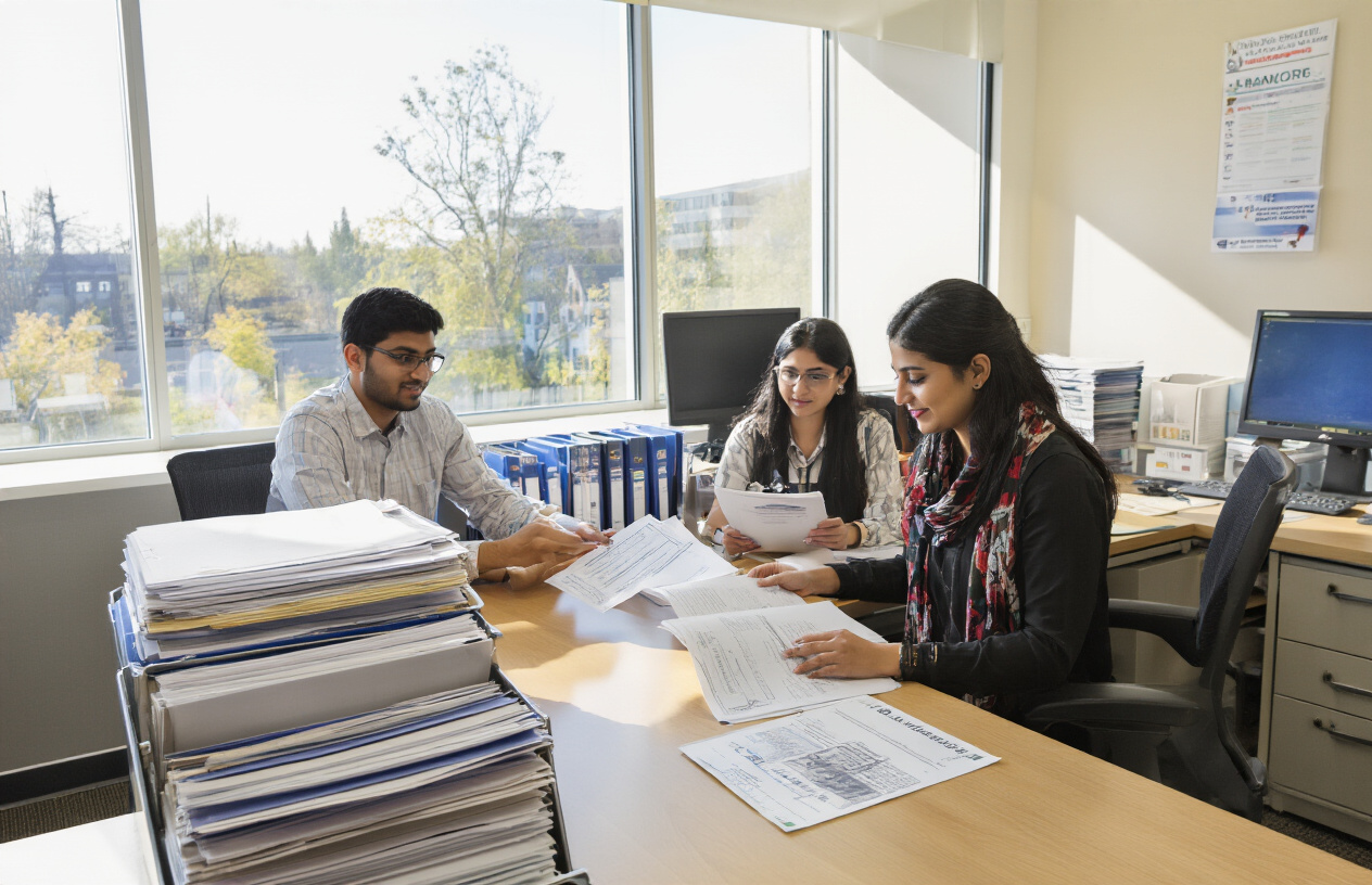 Create a realistic image of Pakistani and international students of diverse backgrounds sitting at a modern university admission office desk, with an Asian female admissions counselor reviewing application documents and academic transcripts, surrounded by organized filing cabinets, computers, and university brochures, in a bright professional office setting with natural lighting from large windows, conveying a helpful and welcoming atmosphere for prospective students seeking admission guidance, absolutely NO text should be in the scene.