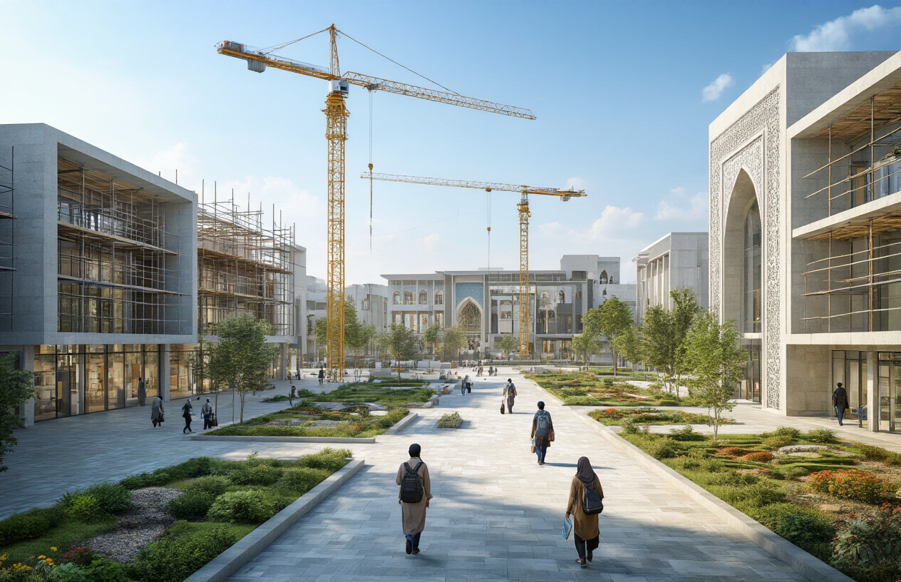 Create a realistic image of a modern university campus showing construction and renovation work in progress, featuring newly built academic buildings with contemporary Islamic architectural elements, construction cranes and scaffolding around partially completed structures, paved walkways with landscaped gardens, modern laboratory and library facilities visible through large windows, upgraded technology infrastructure including solar panels and modern lighting systems, a few South Asian male and female students walking between buildings carrying books and laptops, bright daylight with clear blue skies creating an optimistic atmosphere of progress and development, absolutely NO text should be in the scene.