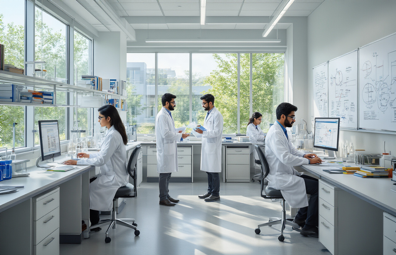 Create a realistic image of a modern university research facility with South Asian male and female faculty members in professional attire conducting scientific research, featuring laboratory equipment, computers, books, and academic materials on tables, with a clean contemporary academic environment, bright natural lighting from large windows, showing collaboration and intellectual engagement, set in a spacious research lab with whiteboards displaying diagrams and charts, Absolutely NO text should be in the scene.