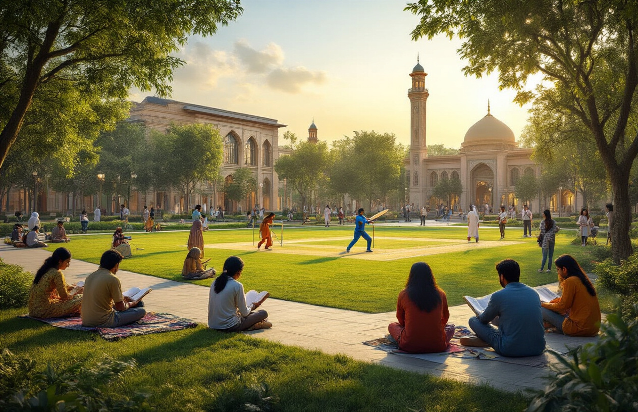 Create a realistic image of diverse students engaged in various extracurricular activities on a vibrant university campus, featuring South Asian male and female students participating in sports like cricket and badminton, others involved in cultural performances with traditional musical instruments, some students reading books under trees, and a group discussion near modern university buildings with Islamic architectural elements, set during golden hour lighting with lush green lawns and pathways, creating an energetic and inclusive academic atmosphere, absolutely NO text should be in the scene.