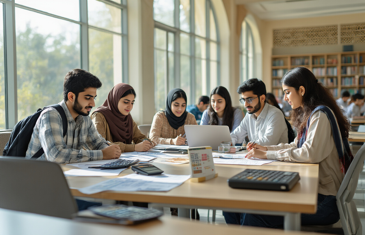 Create a realistic image of Pakistani students sitting at a modern university table with laptops, calculators, and financial documents spread out, with some students appearing focused on budget planning while others discuss costs, set in a bright contemporary university library or study area with Islamic architectural elements visible in the background, natural daylight streaming through large windows creating a scholarly atmosphere, absolutely NO text should be in the scene.