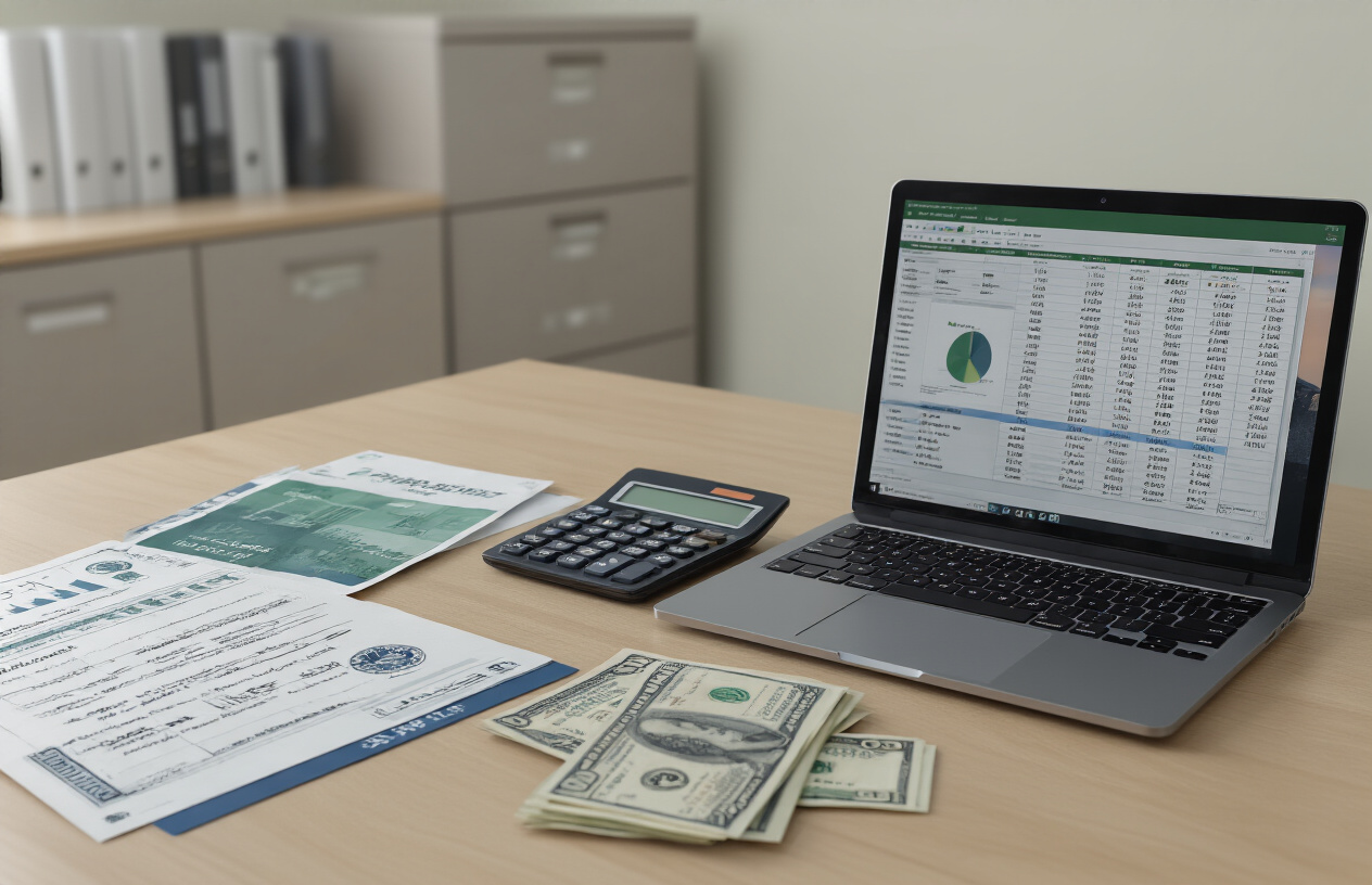 Create a realistic image of a clean, modern office desk with financial documents, calculator, and Pakistani rupee banknotes neatly arranged, alongside a laptop displaying spreadsheet data, with a professional university brochure partially visible, set in a well-lit administrative office environment with neutral colored walls and filing cabinets in the background, absolutely NO text should be in the scene.