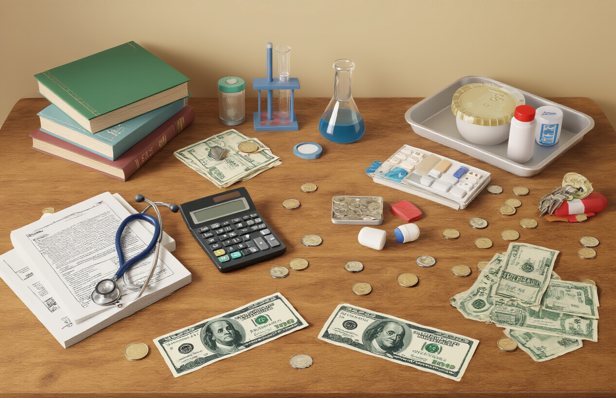 Create a realistic image of a wooden desk with various educational expense items spread across it including textbooks, a stethoscope, laboratory equipment, a calculator, medical supplies, hostel keys, and a meal tray, with Pakistani rupee banknotes and coins scattered around these items, set in a warm indoor lighting with a neutral beige background, showing the concept of additional medical school costs beyond tuition fees, absolutely NO text should be in the scene.