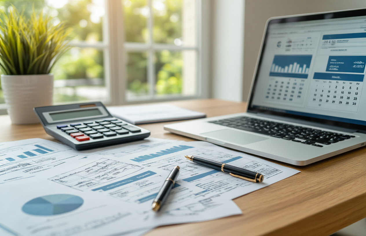 Create a realistic image of a modern office desk scene with financial documents and payment schedules spread across a wooden surface, featuring a calculator, pen, and organized payment plan charts with calendar pages showing different months, complemented by a laptop computer displaying a payment interface, set against a clean professional office background with soft natural lighting from a window, maintaining a organized and trustworthy financial planning atmosphere, absolutely NO text should be in the scene.