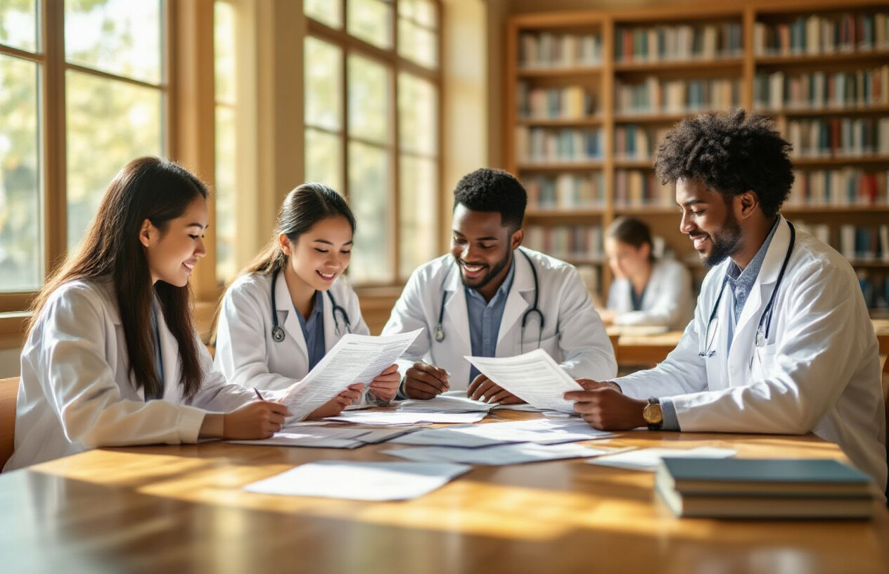Create a realistic image of a diverse group of medical students sitting around a wooden table in a bright university library, with Asian female and black male students reviewing financial documents and scholarship applications, golden sunlight streaming through large windows creating a warm and hopeful atmosphere, with medical textbooks and laptops scattered on the table, soft focus bookshelves in the background, conveying an encouraging and supportive educational environment, absolutely NO text should be in the scene.