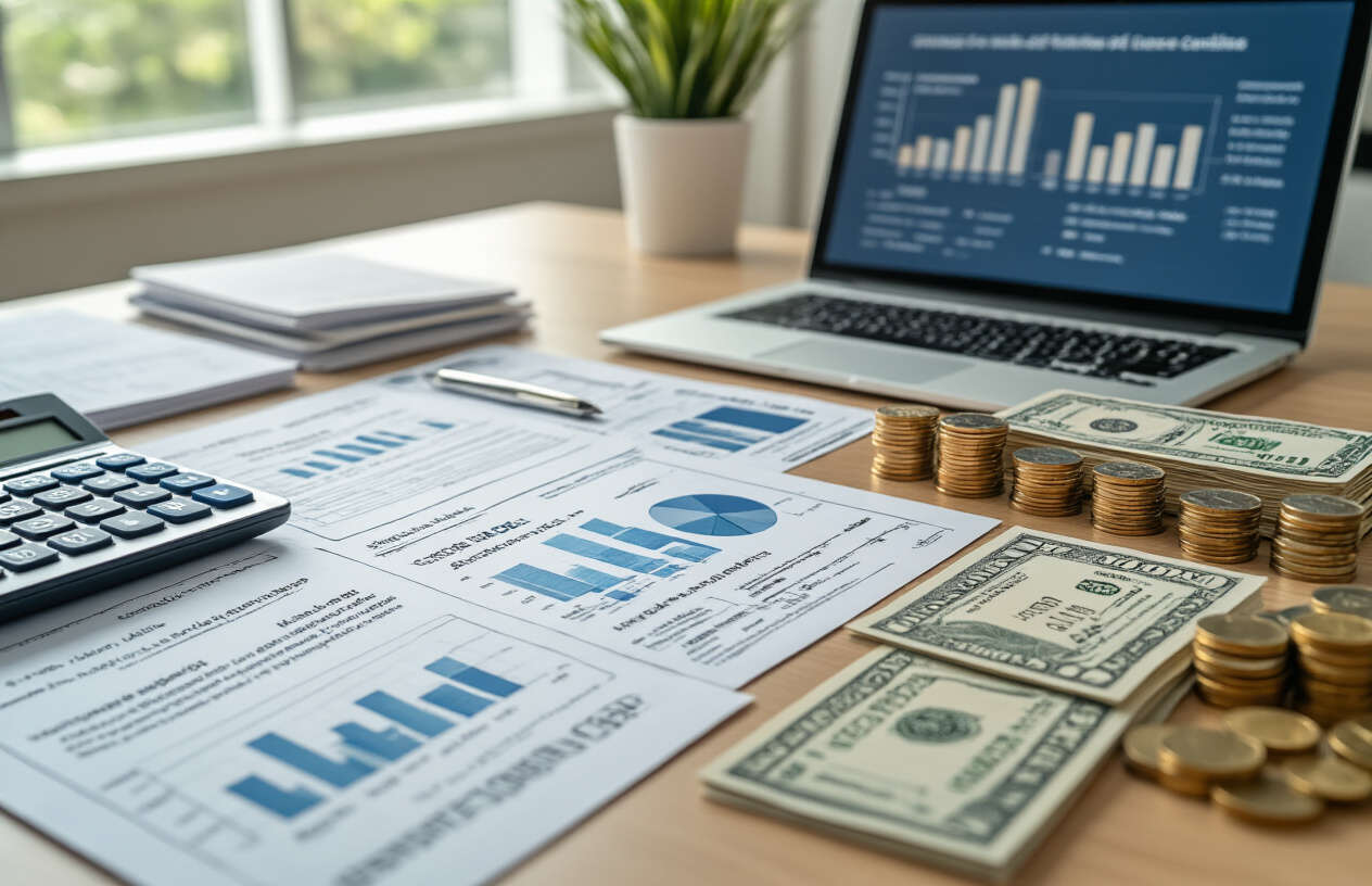 Create a realistic image of a clean, modern office desk with multiple medical college brochures and documents spread out showing different fee structures, a calculator, financial charts with bar graphs comparing costs, a laptop displaying spreadsheet data, and stacks of coins and paper money representing tuition fees, all arranged in an organized comparison layout with soft natural lighting from a window, professional academic atmosphere. Absolutely NO text should be in the scene.