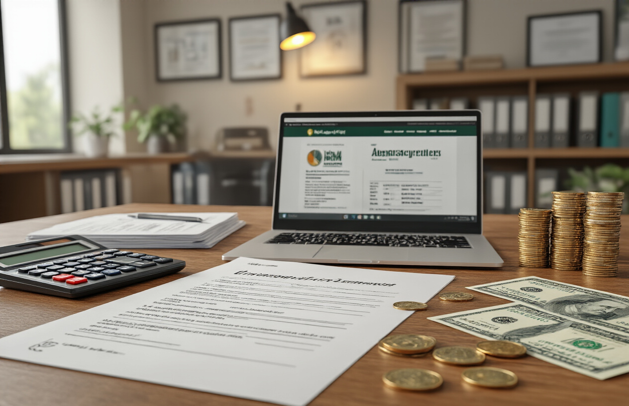 Create a realistic image of a modern university admissions office with neatly organized documents and application forms on a wooden desk, a calculator displaying numbers, Pakistani rupee currency notes and coins scattered nearby, official admission brochures and fee structure documents, a laptop computer showing a university website, filing cabinets in the background, warm office lighting from a desk lamp, and a professional academic atmosphere with diplomas on the wall, absolutely NO text should be in the scene.