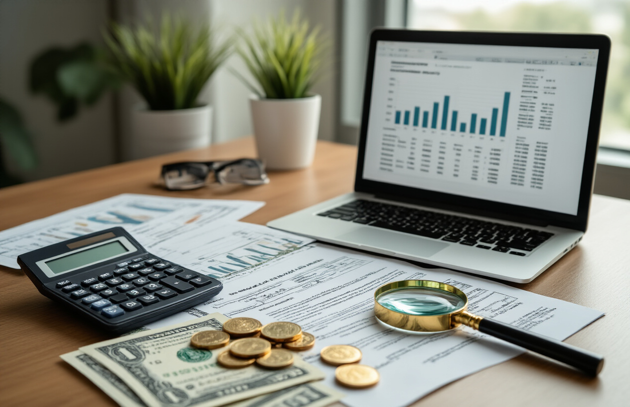 Create a realistic image of a professional office desk with financial documents, calculator, Pakistani rupee banknotes, coins scattered around, a laptop displaying spreadsheet data, official university letterhead papers, and a magnifying glass examining fee details, set against a clean modern office background with soft natural lighting from a window, warm and professional atmosphere, absolutely NO text should be in the scene.