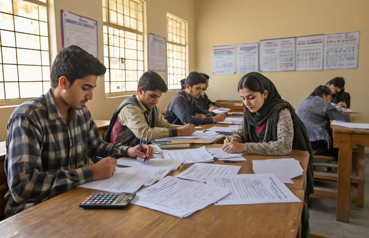 Create a realistic image of Pakistani students sitting at wooden desks in a classroom setting, with admission forms and documents spread on the desks, a calculator and pen visible, fee structure charts on wall boards in the background, warm natural lighting from windows, focused academic atmosphere with students reviewing paperwork, modern institutional interior with clean walls and educational posters, absolutely NO text should be in the scene.