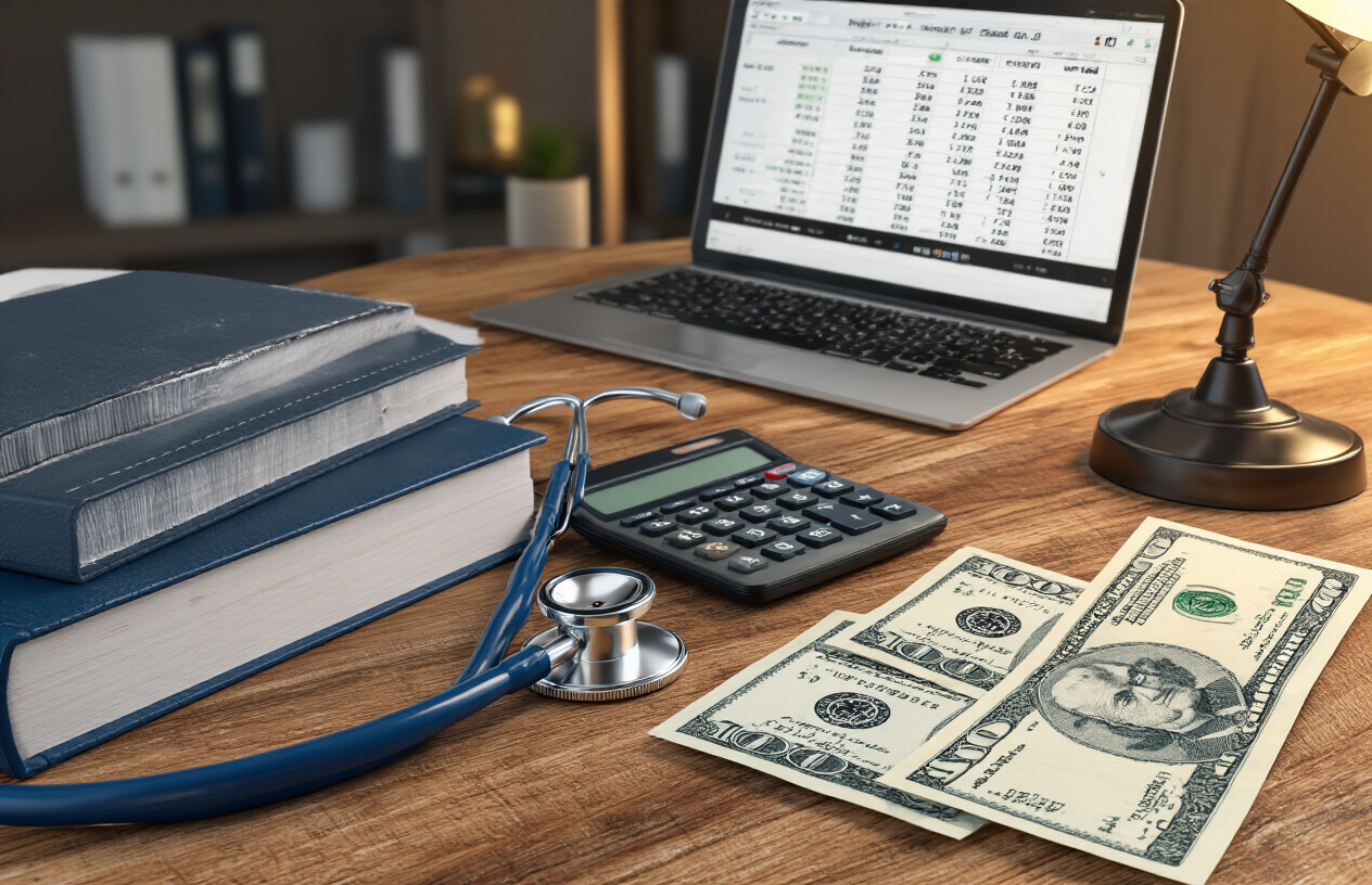 Create a realistic image of medical textbooks, stethoscope, calculator, and Pakistani rupee banknotes arranged on a wooden desk surface, with a laptop computer showing spreadsheet data in the background, warm indoor lighting from a desk lamp, professional academic atmosphere, Absolutely NO text should be in the scene.