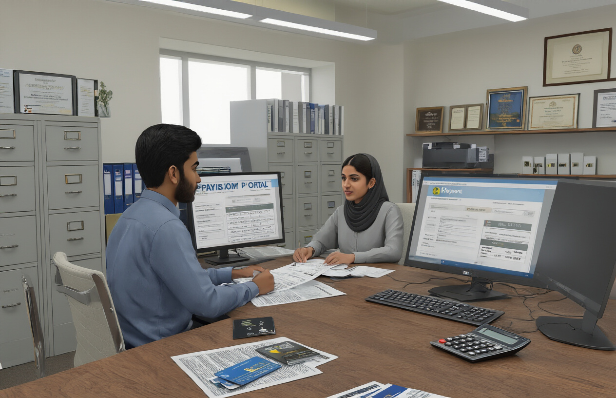 Create a realistic image of a modern university administrative office scene with a young Pakistani male student sitting at a desk across from a female Pakistani administrative officer, both reviewing financial documents and payment forms, with a computer displaying a payment portal screen, a calculator, credit cards, and bank forms visible on the desk, set in a professional office environment with filing cabinets and educational certificates on the walls, under bright fluorescent lighting, absolutely NO text should be in the scene.