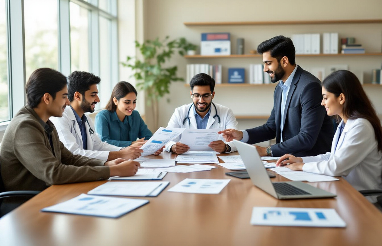 Create a realistic image of a diverse group of medical students sitting around a modern conference table in a bright office setting, with South Asian male and female students examining scholarship documents and financial aid paperwork, a Pakistani male advisor in professional attire pointing to charts showing fee structures and financial assistance options, laptops and folders spread across the table, warm natural lighting from large windows, professional academic atmosphere with medical college brochures visible on shelves in the background, absolutely NO text should be in the scene.