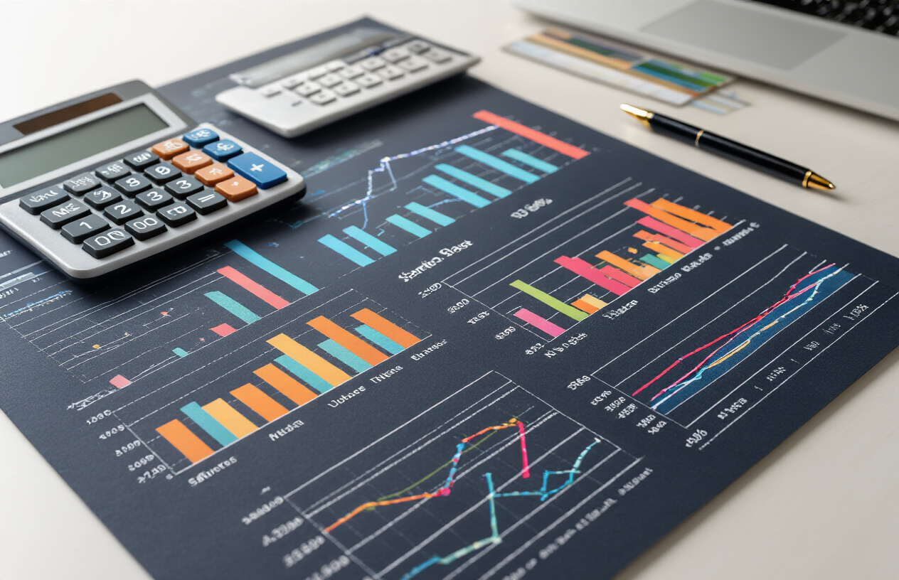 Create a realistic image of a modern office desk with multiple colorful bar charts and comparison graphs spread across the surface, showing different fee structures with varying heights representing different amounts, a calculator and pen placed nearby, clean white background with soft natural lighting from the side, professional academic atmosphere, absolutely NO text should be in the scene.