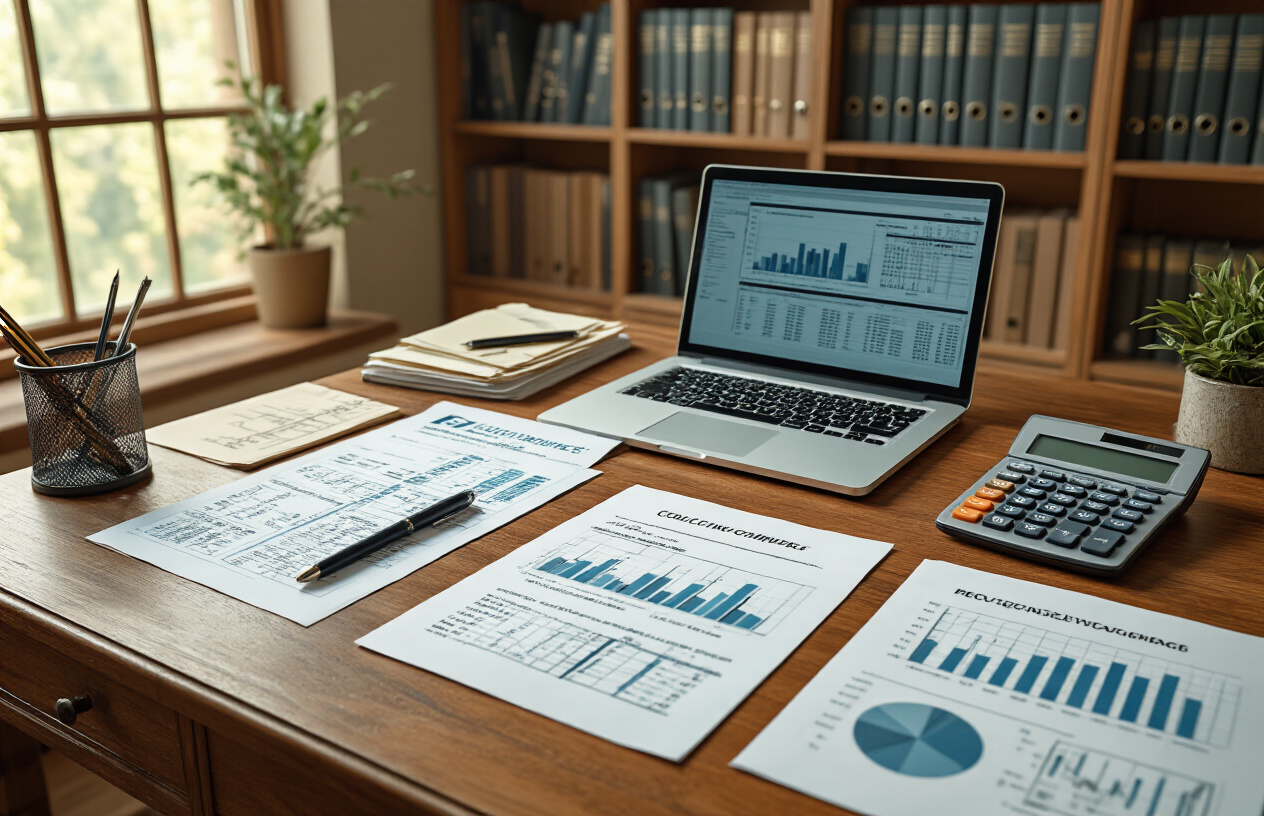 Create a realistic image of a modern college administrative office desk with organized financial documents, calculator, laptop computer showing spreadsheet data, official college letterhead papers, fee structure charts and graphs spread across the desk, professional office environment with bookshelves in background, warm natural lighting from window, clean and organized workspace atmosphere, absolutely NO text should be in the scene.