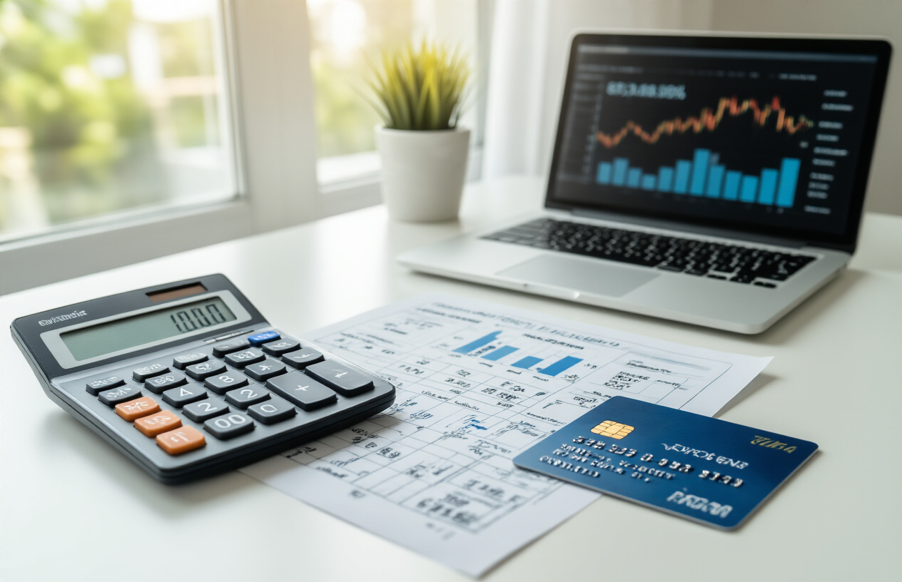 Create a realistic image of a modern financial planning scene with a calculator, credit cards, payment schedule documents, and a laptop displaying financial charts on a clean white desk, with soft natural lighting from a window, representing educational payment planning and financing options. Absolutely NO text should be in the scene.