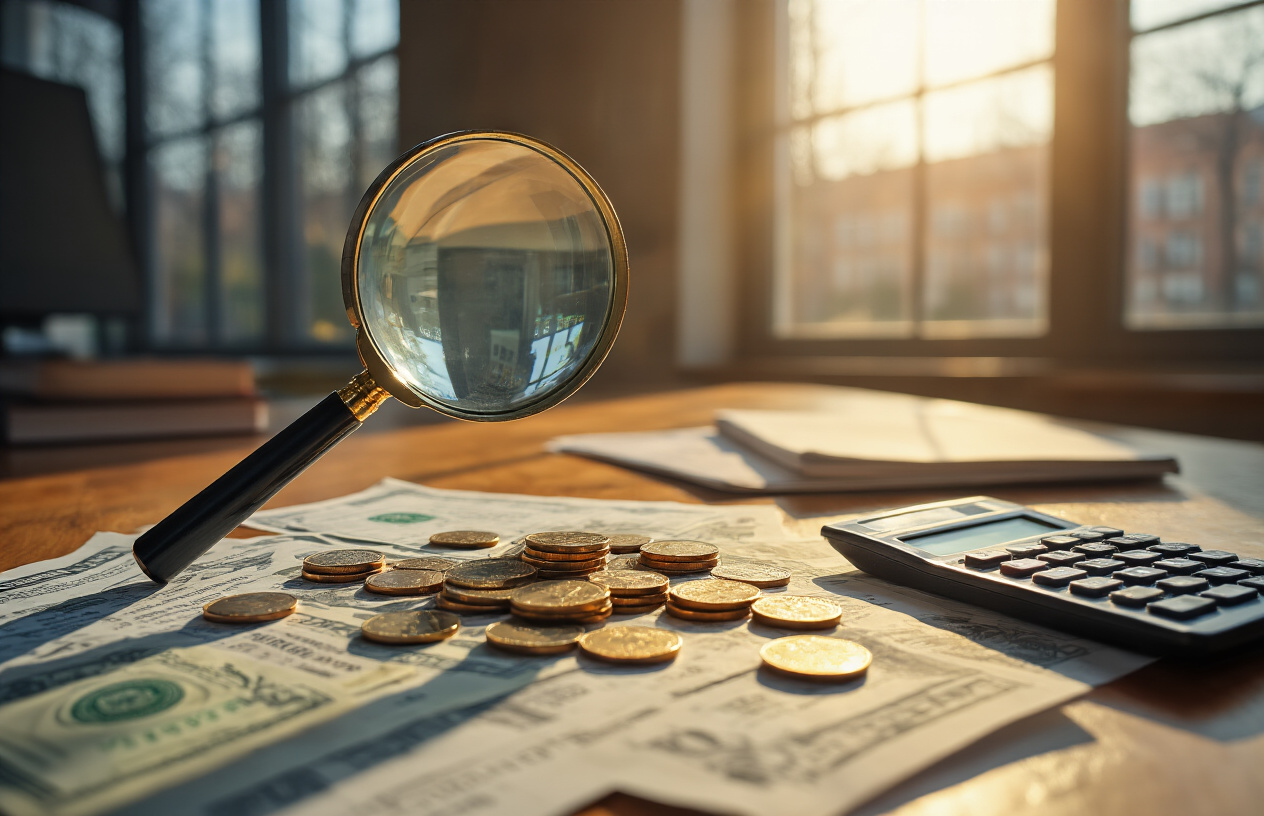 Create a realistic image of a magnifying glass hovering over scattered financial documents and calculator on a wooden desk, revealing hidden fee details with coins and banknotes partially visible underneath papers, warm office lighting creating dramatic shadows, professional academic setting with blurred college building in background, absolutely NO text should be in the scene.