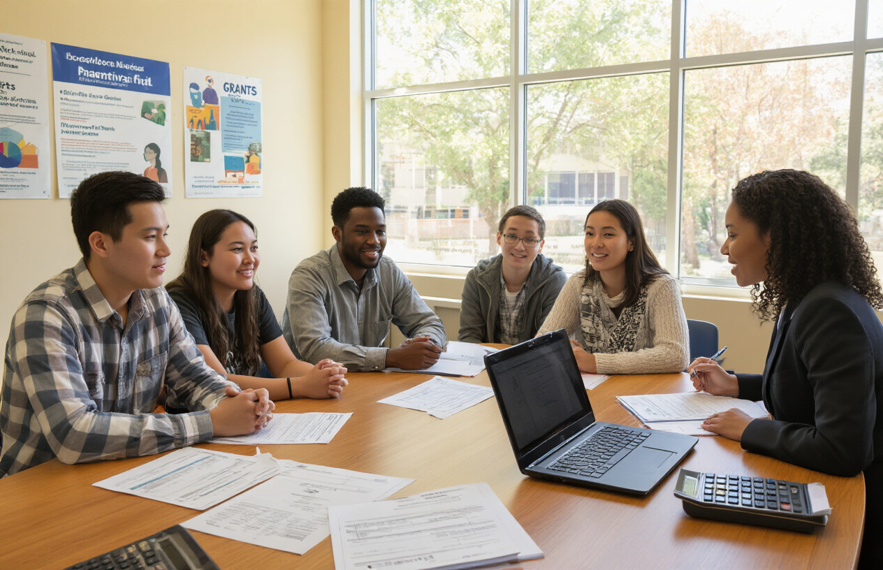 Create a realistic image of a diverse group of college students including white, black, and Asian male and female students sitting around a modern wooden table in a bright university financial aid office, with scattered scholarship application forms and financial documents on the table, a female black financial aid counselor in professional attire speaking with them, large windows providing natural lighting, educational posters about grants and scholarships visible on cream-colored walls in the background, laptops and calculators on the desk, warm and hopeful atmosphere suggesting academic opportunity and support, absolutely NO text should be in the scene.