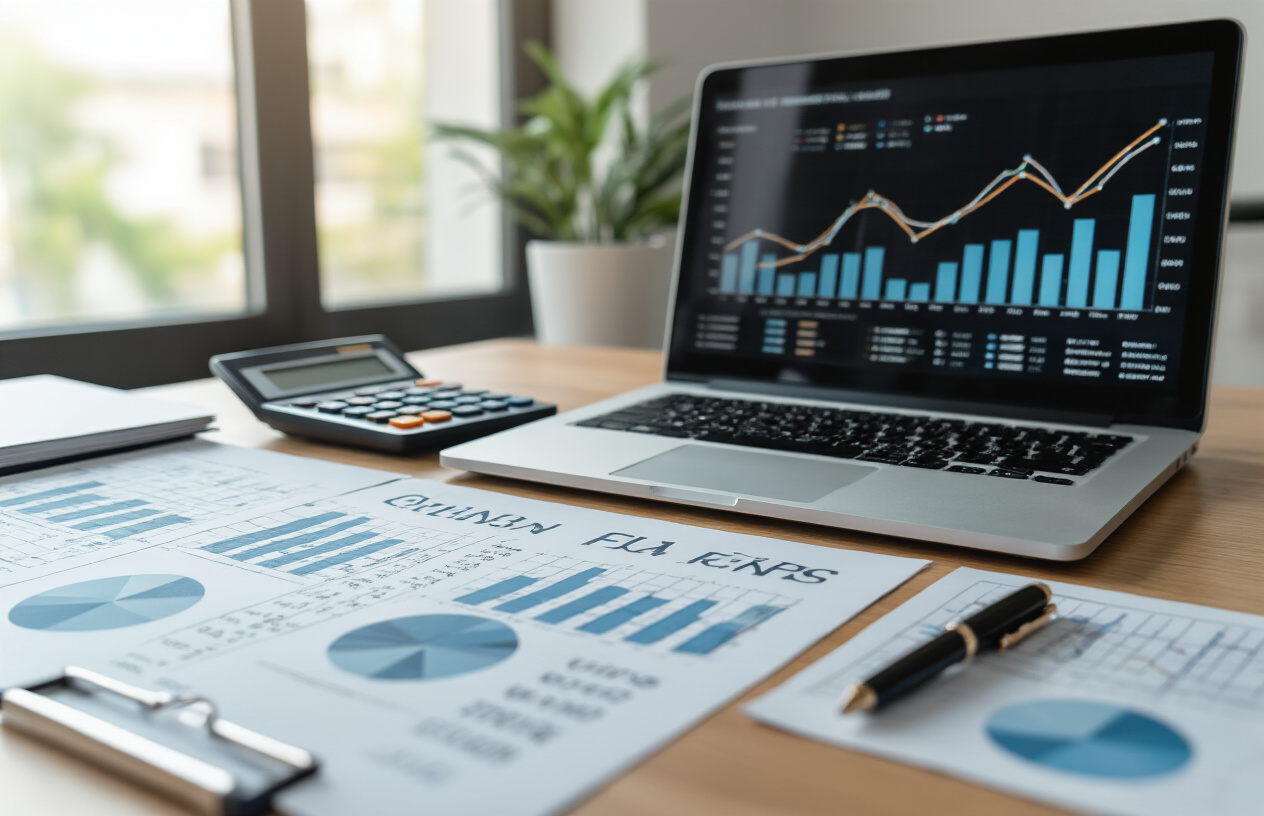 Create a realistic image of a modern office desk with financial documents, spreadsheets, and charts showing comparative data across multiple years, a calculator, pen, and laptop displaying bar graphs and line charts representing fee trends, set against a clean professional background with soft natural lighting from a window, creating a focused analytical atmosphere for educational fee comparison research, absolutely NO text should be in the scene.