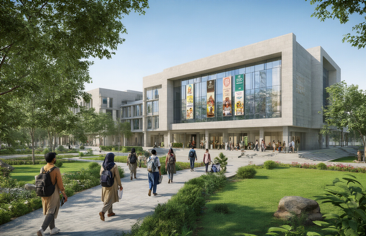 Create a realistic image of a modern university campus building with "COMSATS University Islamabad" architectural style, featuring multiple academic departments and program banners displayed outside the building, diverse South Asian male and female students walking with backpacks and books between classes, lush green landscaping with trees and pathways, clear blue sky background, bright natural daylight creating welcoming educational atmosphere, contemporary glass and concrete architecture typical of Pakistani higher education institutions, absolutely NO text should be in the scene.