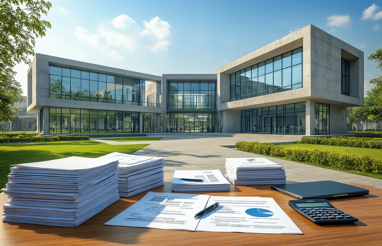 Create a realistic image of a modern Pakistani university campus building with contemporary architecture, featuring glass windows and concrete structure, with a wooden desk in the foreground displaying organized stacks of official university documents, fee charts, and academic papers, alongside a calculator, pen, and laptop computer, set against a bright daylight scene with clear blue sky and green landscaping visible through windows, creating a professional academic atmosphere. Absolutely NO text should be in the scene.