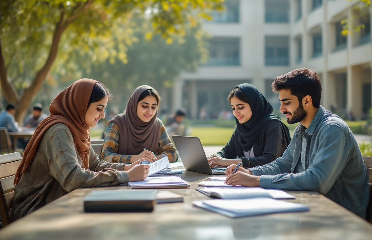 Create a realistic image of a modern university campus scene showing Pakistani students of diverse backgrounds (both male and female, South Asian ethnicity) sitting at outdoor tables with laptops and documents, reviewing academic materials and fee structures, with COMSATS University's contemporary academic buildings visible in the background, natural daylight creating a bright and focused studying atmosphere, students wearing casual modern clothing, books and papers scattered on tables, a professional and educational mood conveying higher education planning and academic preparation, absolutely NO text should be in the scene.
