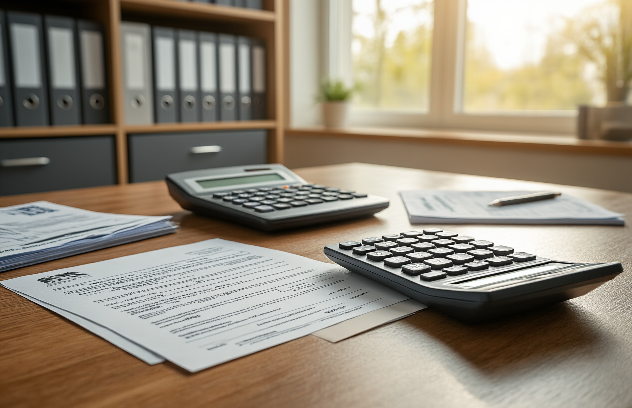 Create a realistic image of a modern university administrative office desk with calculator, official fee documents, receipts, and billing statements scattered on the surface, featuring a wooden desk with metal filing cabinets in the background, soft natural lighting from a window, professional academic environment with university brochures and administrative forms visible, warm and organized atmosphere suggesting financial planning and academic fee management, Absolutely NO text should be in the scene.