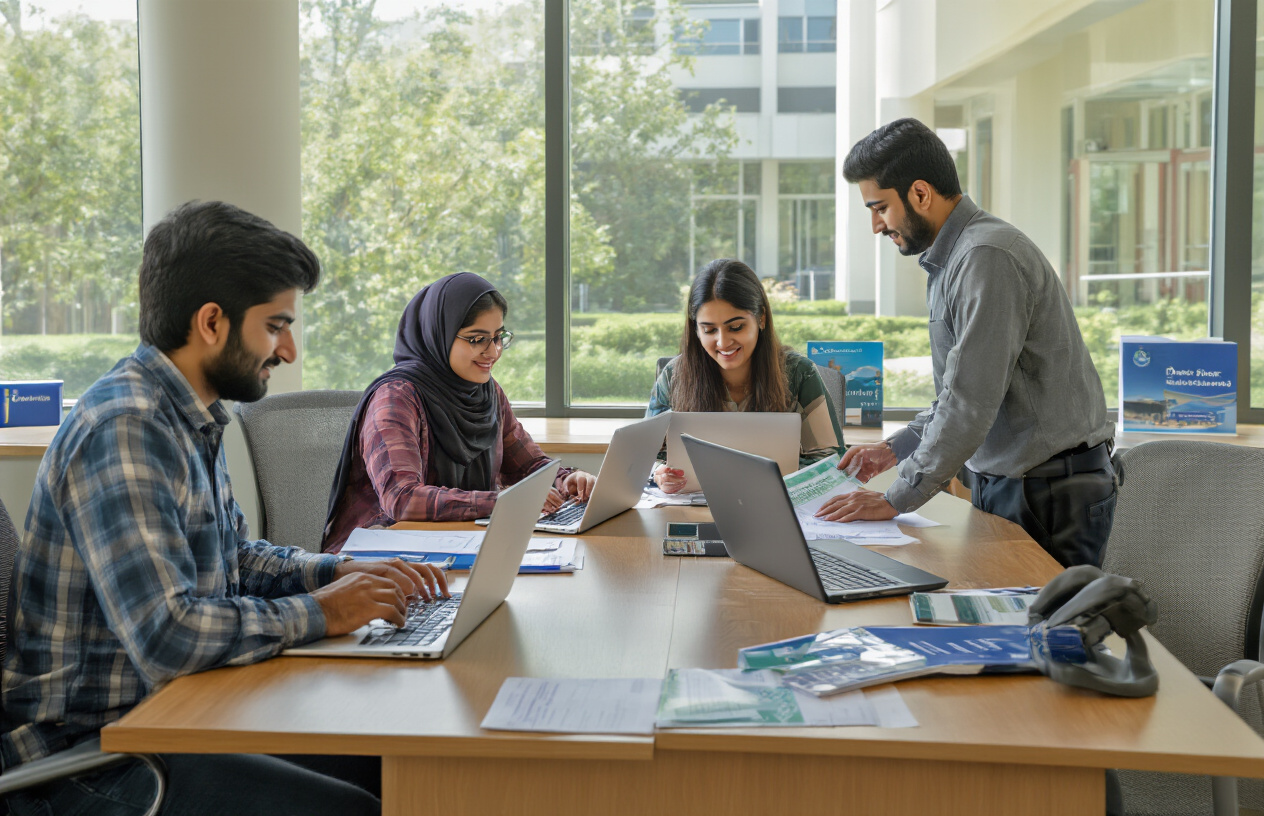 Create a realistic image of Pakistani students at COMSATS University sitting at financial aid office desks with laptops and documents, diverse mix of male and female students of South Asian ethnicity, financial advisor helping with payment options, modern university office setting with comfortable chairs and desks, bright natural lighting from large windows, professional and supportive atmosphere, students reviewing financial documents and bank cards on the desk, university brochures and forms visible, clean contemporary interior design with university branding colors, absolutely NO text should be in the scene.