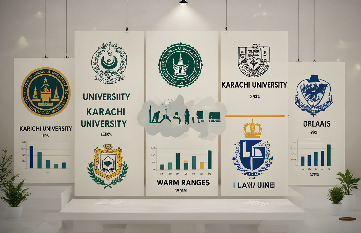 Create a realistic image of multiple Pakistani university logos and emblems arranged in a comparison layout on a clean white background, with COMSATS University Islamabad logo prominently displayed alongside other major Pakistani university logos like University of Punjab, Karachi University, and LUMS, with subtle bar charts or comparison graphs in the background showing different fee ranges, warm professional lighting, and a modern academic atmosphere, absolutely NO text should be in the scene.