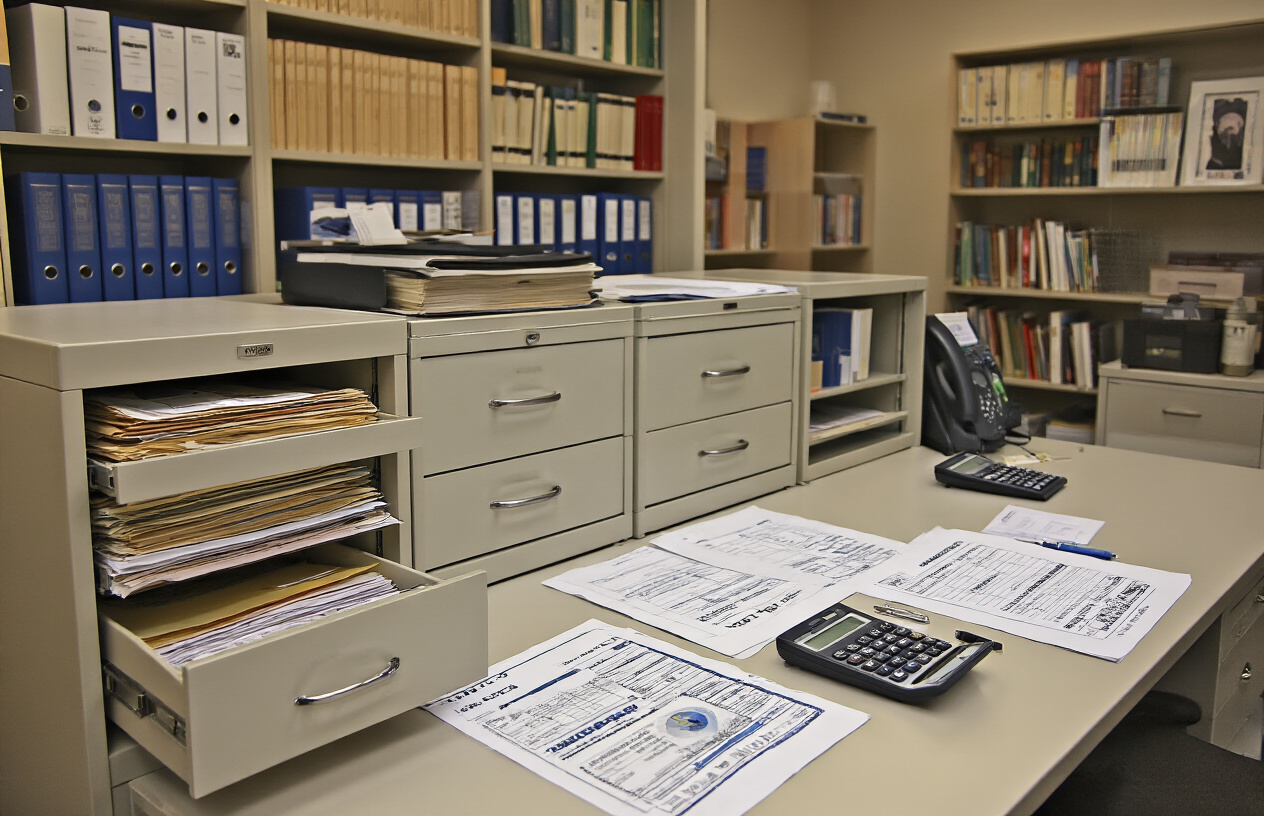 Create a realistic image of a modern university administrative office with organized filing cabinets, folders labeled with different academic categories, a clean desk with financial documents and fee charts spread out, calculators and accounting materials, professional office environment with warm lighting, bookshelves containing academic records in the background, absolutely NO text should be in the scene.