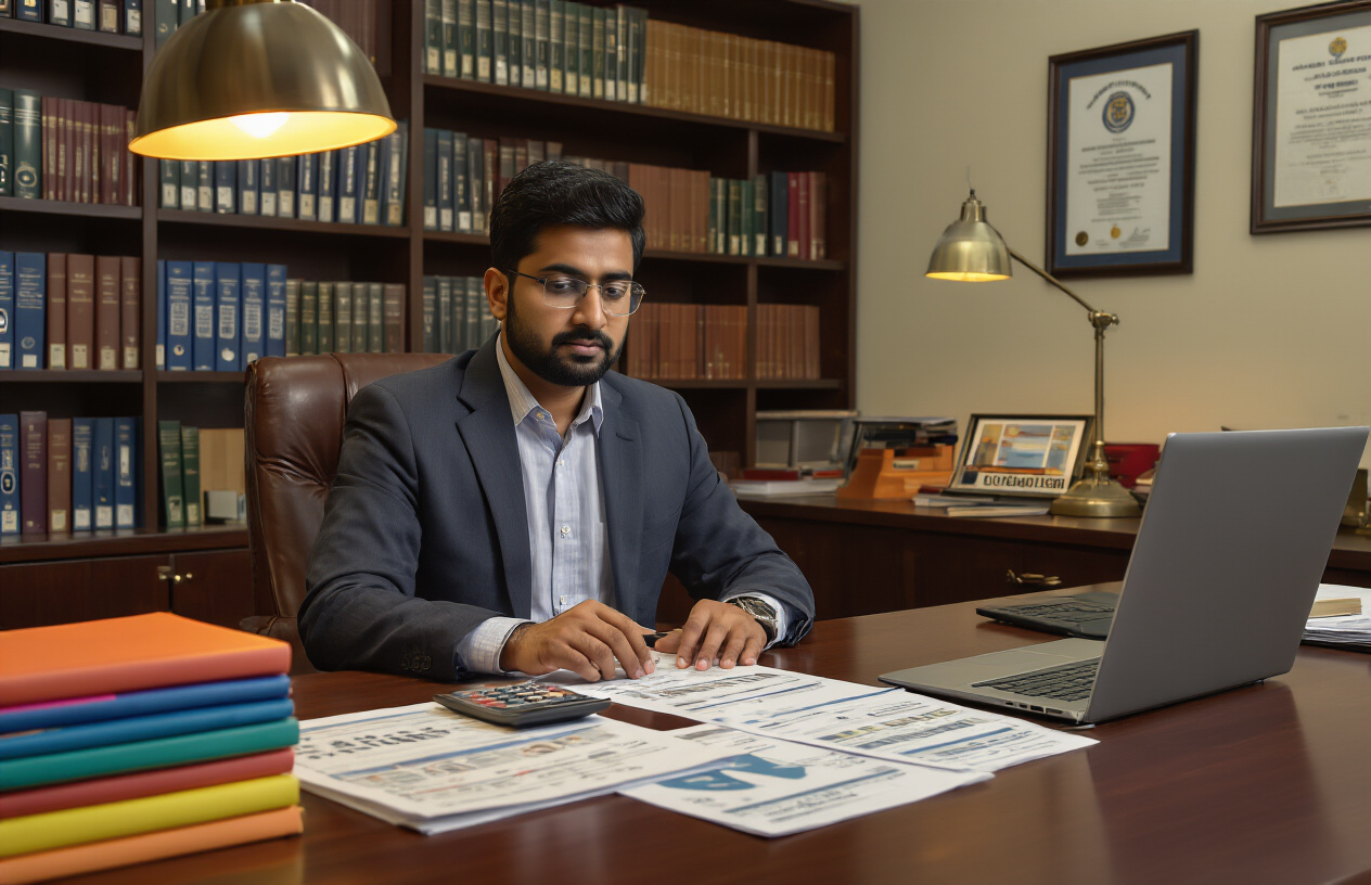Create a realistic image of a modern university administrative office with a South Asian male administrator in business attire sitting at a polished wooden desk, reviewing financial documents and fee charts spread across the desk surface, with multiple colorful folders labeled with different faculty names, a calculator and laptop computer visible on the desk, bookshelves filled with academic records in the background, warm office lighting from a desk lamp, professional academic environment with diplomas and university certificates on the wall, absolutely NO text should be in the scene.
